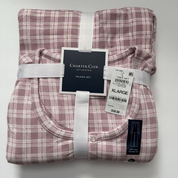 NWT Charter Club Women 2 Pc Pajama Set Printed Long Sleeve Cozy Plaid Pink Check - Picture 2 of 3